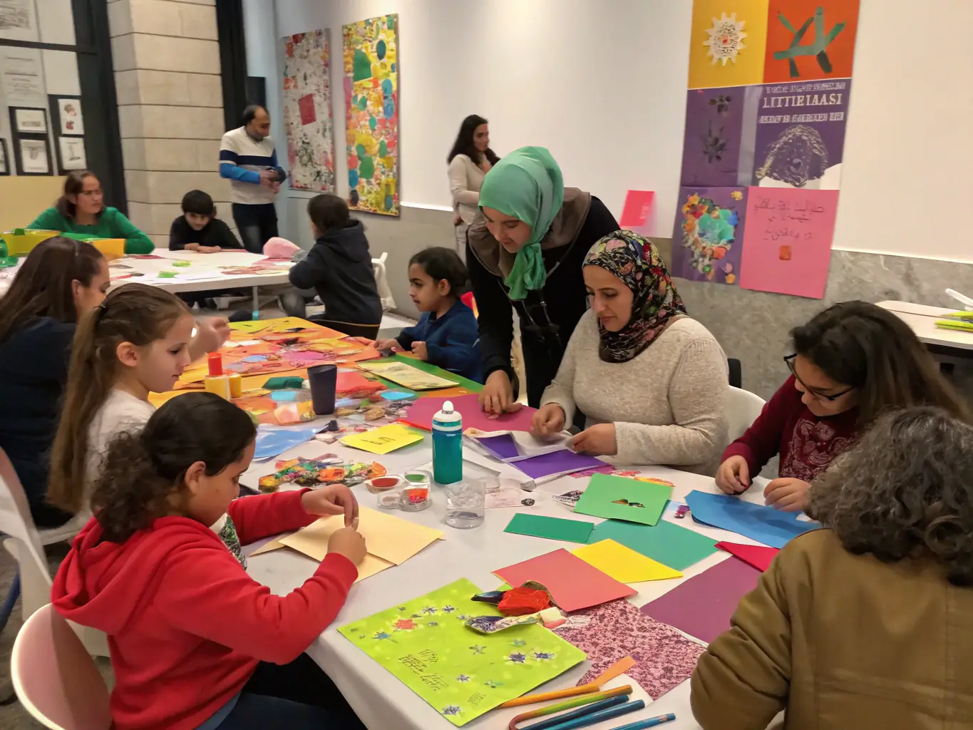 An image of artists collaborating in a vibrant workshop setting, showcasing diverse participants engaged in creative activities, representing NIHIL OBSTAT's Cultural Development Programs.