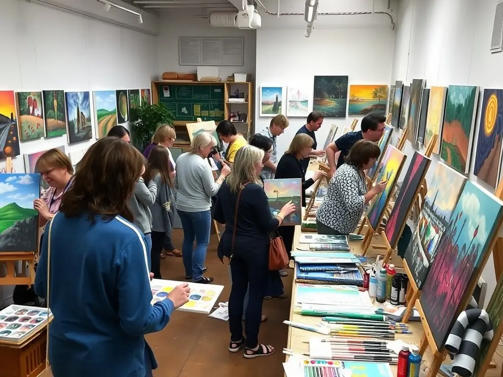 A photograph depicting participants actively engaged in a Community Arts Workshop, learning new artistic skills and expressing their creativity.