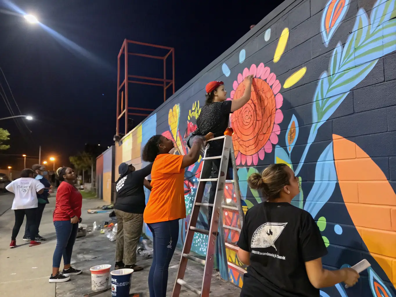 A group of diverse artists collaborating on a mural in a community arts workshop, showcasing the collaborative spirit of NIHIL OBSTAT's cultural development programs.